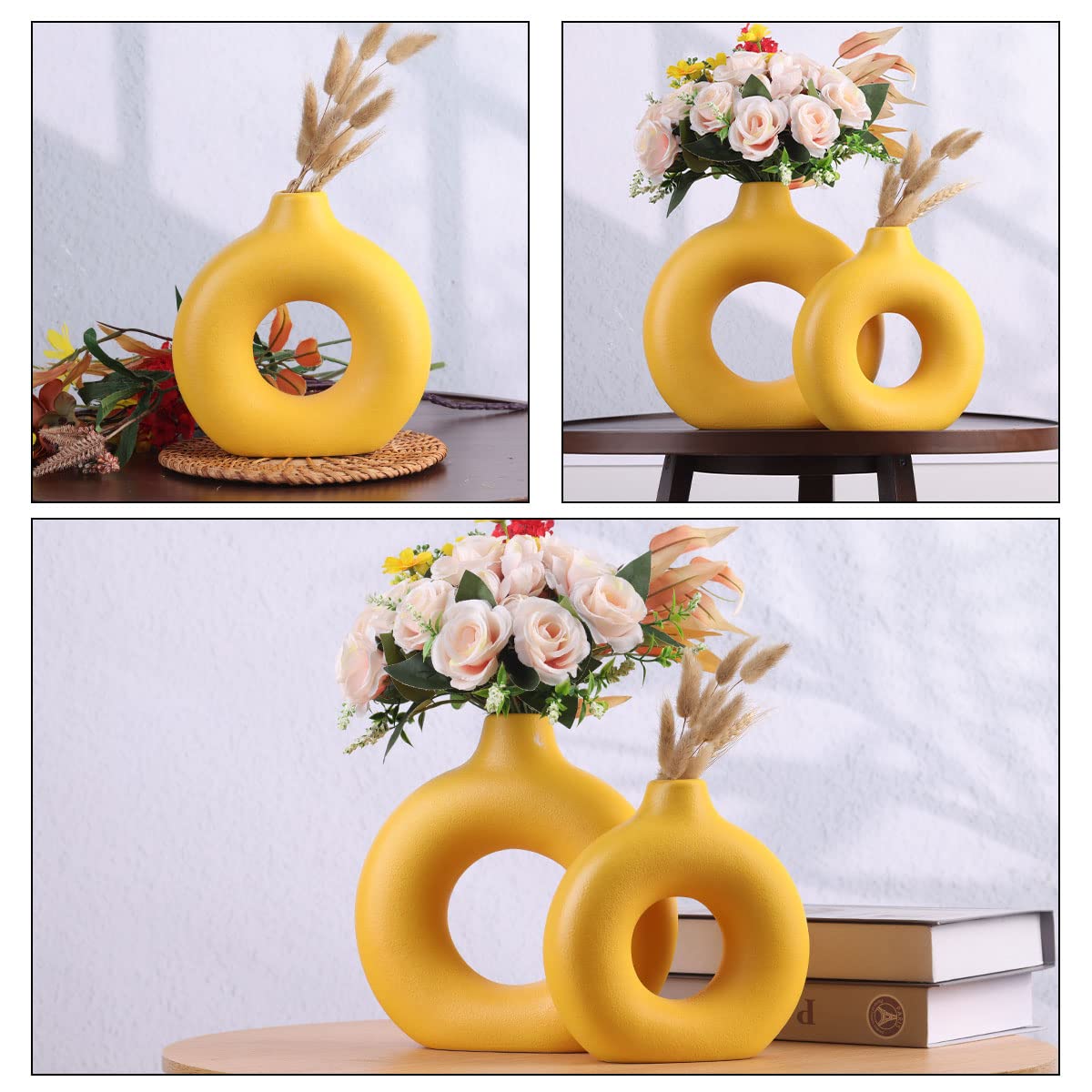 Set di 2 vasi in ceramica gialla, vasi gialli per la decorazione della casa, vasi rotondi bohémien per erba della pampa e fiori, soggiorno, camera da letto, tavolino, camino, fattoria e centrotavola
