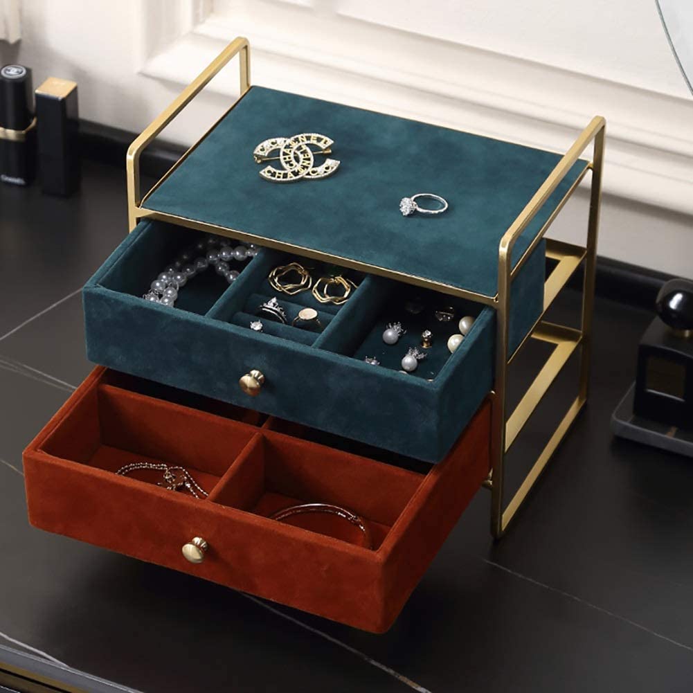 Caja De Joyería Caja De Joyería Con 2 Cajones Soporte De Joyería Retro Bandeja Extraíble Estuche De Almacenamiento De Joyería Collar Anillo Pendientes Estuche De Exhibición Organizador De Joyas