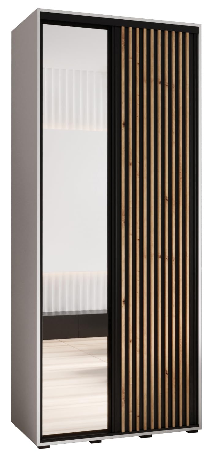 Armadio moderno a 2 ante scorrevoli con specchio e barra – elegante armadio per camera da letto e soggiorno – 235,2 x 110 x 45 cm – design artigianale nero