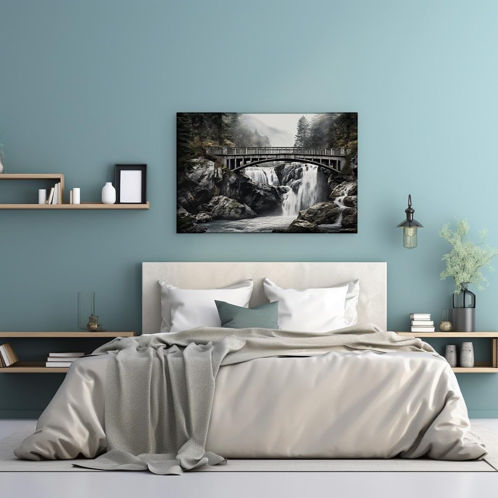 Canvas for Living room. Whispers in the Mist: Unveiling the Serene Mystique of a Fog-Enshrouded Forest Sanctuary, 27 x 18 inch Canvas Wall Art - Contemporary Masterpieces - Modern Home Decor
