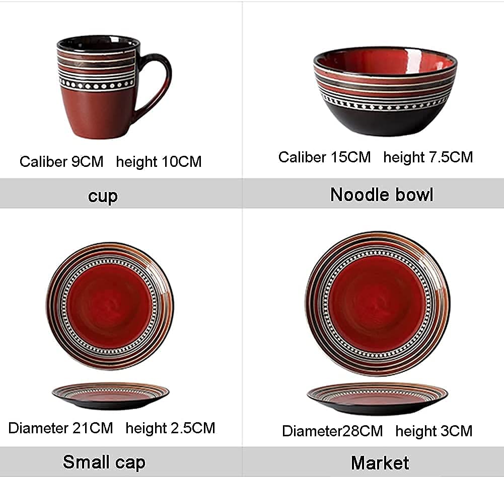 Retro porcelanowa zastawa stołowa zestaw 4-częściowy zestaw naczyń z talerzami miseczkami i kubkami czerwona ceramiczna zastawa stołowa do domu kuchni i jadalni - stylowy i
