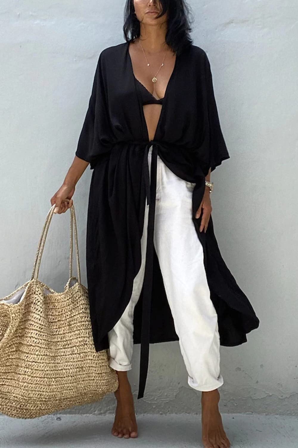 Vestido Largo Bohemio con Caftán Largo de Verano para Mujer Bata de Playa Talla Grande Kimono Talla Única