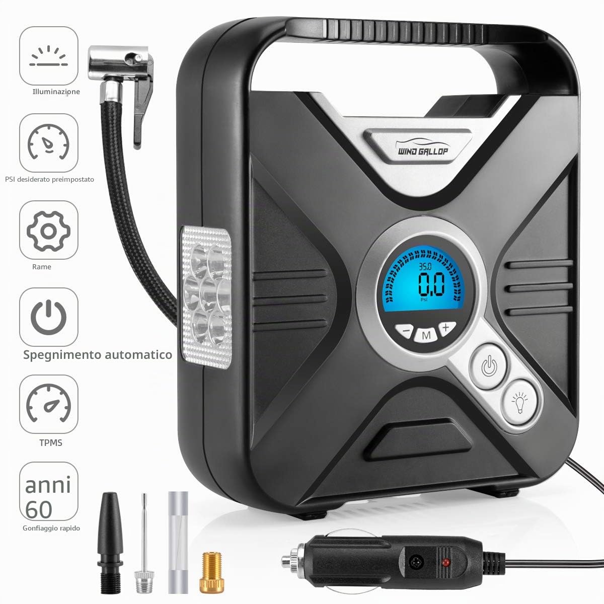 WindGallop Compressore Aria Portatile Auto Mini Compressore Portatile a Gonfiatore Elettrico Portatile Pompa Aria con Manometro per Pneumatici Luce a LED e Adattatori per Valvole