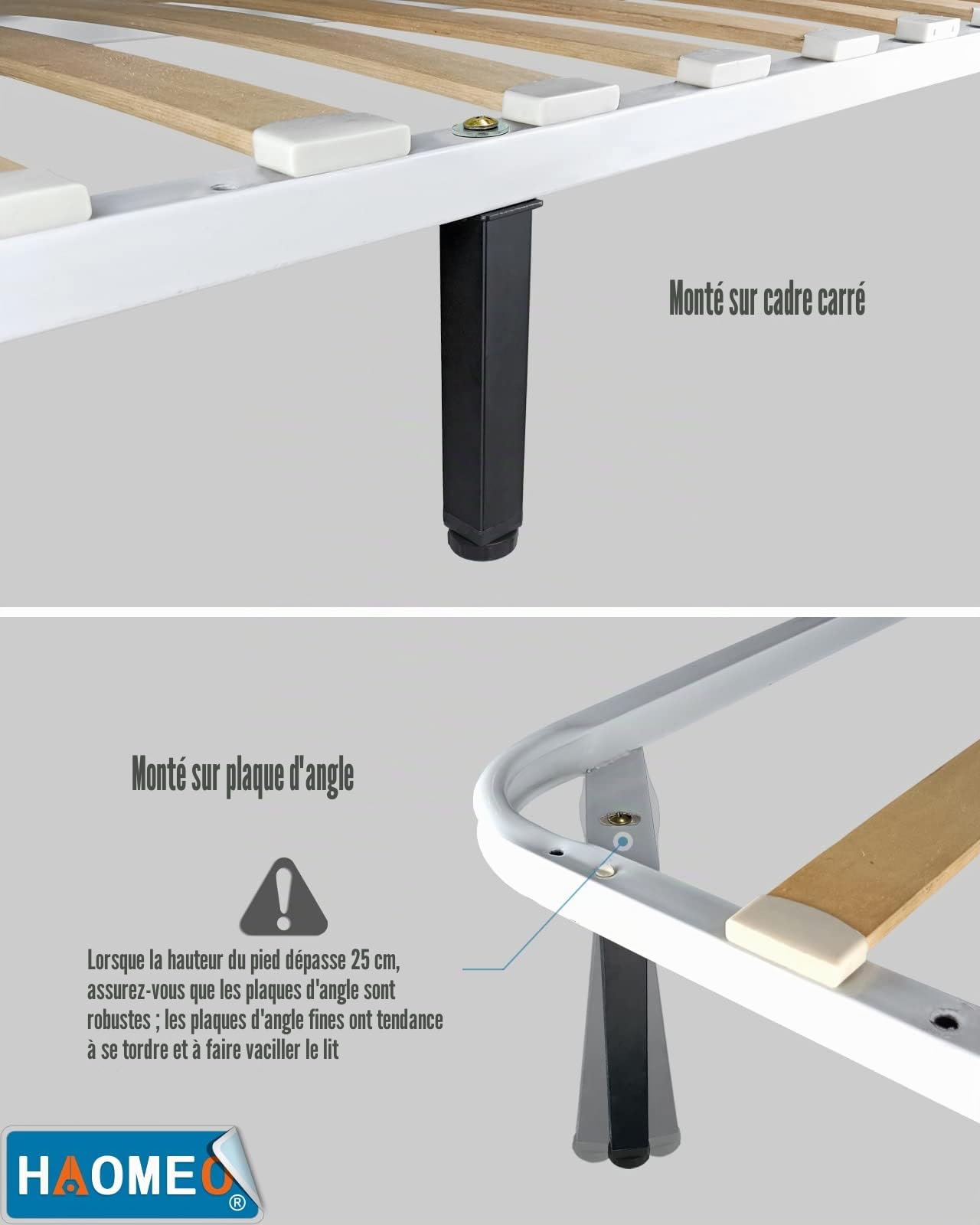Pied de Lit 30 cm à Visser, Pied Sommier à Lattes Universel, Reglable en Hauteur, Metal, Carré + Rond, Boulons M8, pour le Cadre Métallique d’un Sommier Adulte, Noir, Lot de 5 (4 Latéraux + 1 Central)
