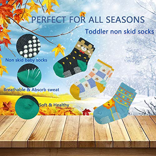 Image of Tphon 12 Pairs Toddler Non Skid Socks with Grips Anti Slip Bottom, Cotton Non Slip Ankle Crew Socks for Boys, Girls, Kids(1-7Years)