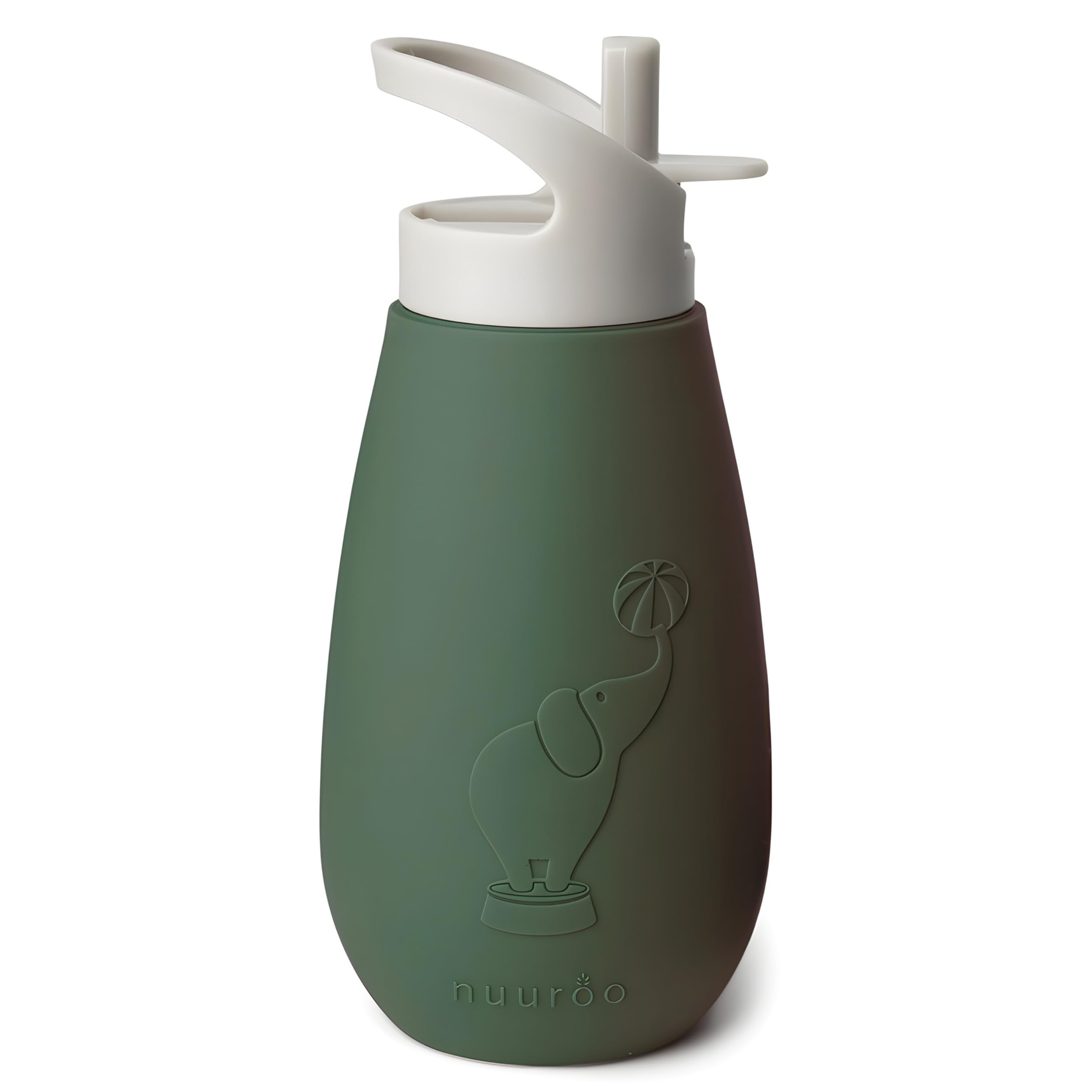 NUUROO Pax Silicone Drinking Bottle – 350 ml Reusable Kids Water Bottle with Circus Elephant Design, LFGB Food-Grade Silicone, BPA-Free, Designed in Denmark (Dusty Green)