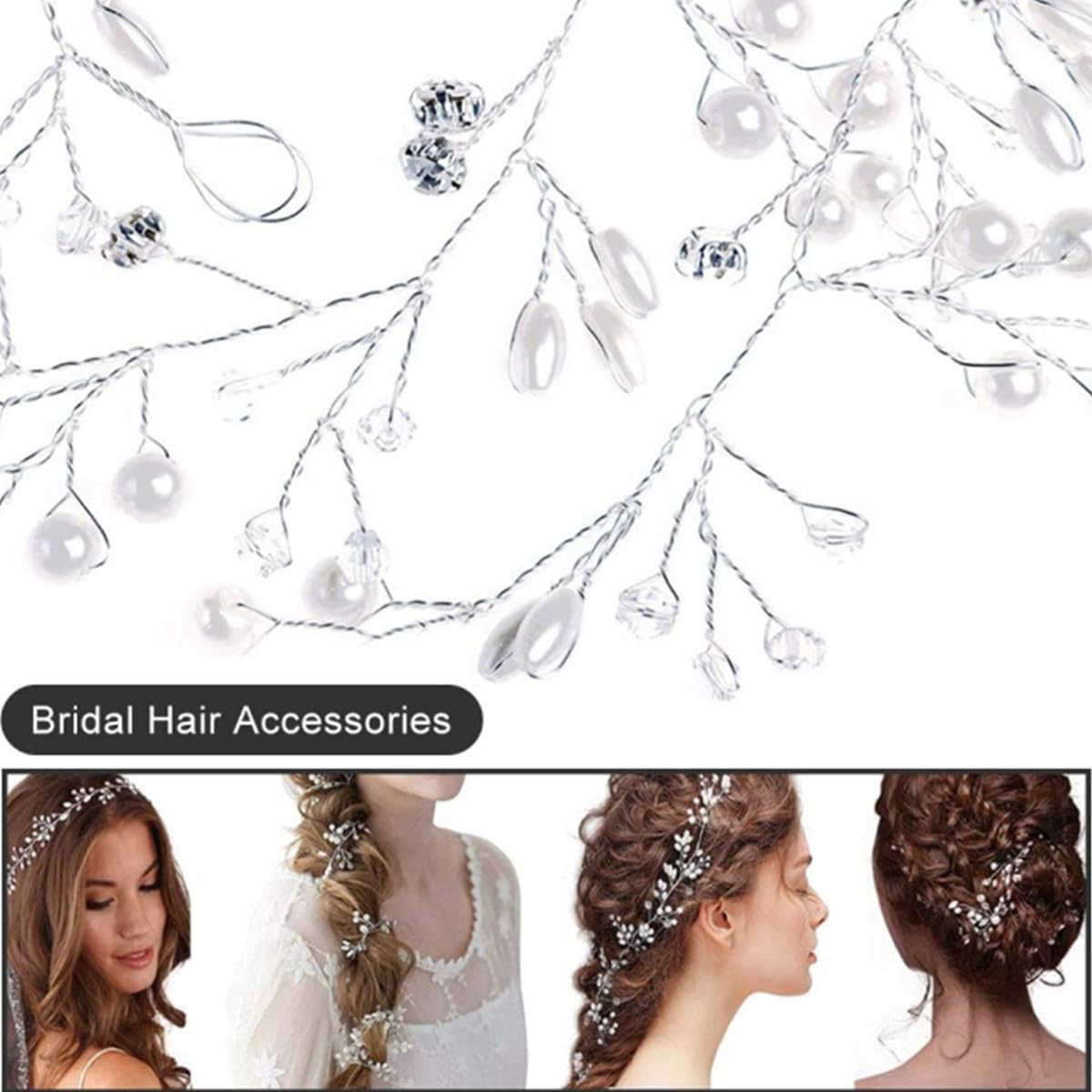 Edary - Capelli da sposa in argento con perle di vite, per capelli da sposa, accessori per capelli con strass, per donne e ragazze