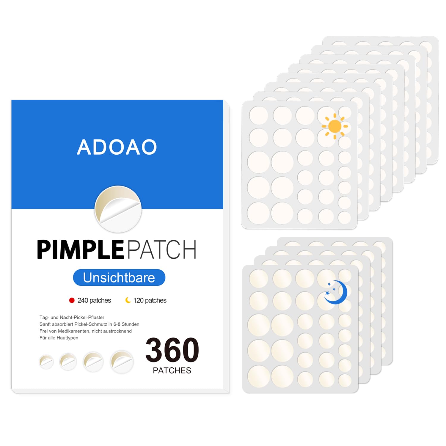360 Stück Pickel Patch Hydrokolloid Acne Pimple Patches Anti-Akne Patch Unsichtbare für Tag & Nacht mit Teebaumöl, Salicylsäure,Centella Asiatica｜4 Größen 8 mm,10 mm,12 mm,14 mm
