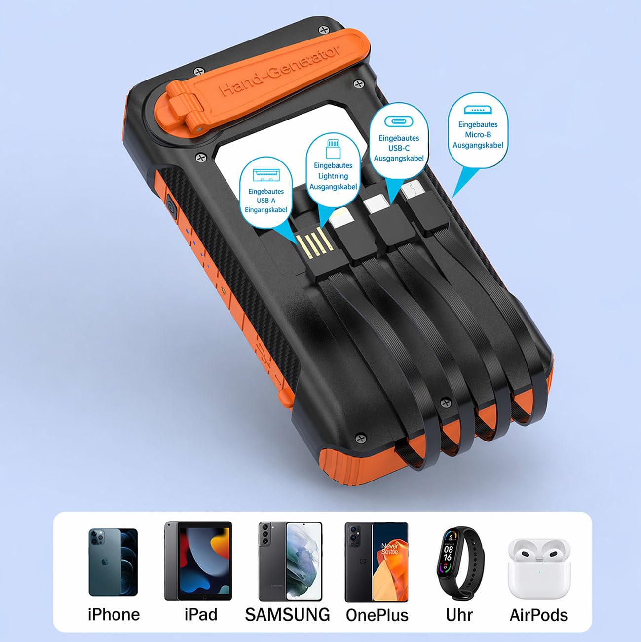 revolt Taschenlampen: 2er-Set Kurbel-Dynamo-Solar-Powerbanks, 10.000 mAh, USB-C PD bis 20 W (Powerbank mit Handkurbel, mit Lightning Anschluss, Outdoor)