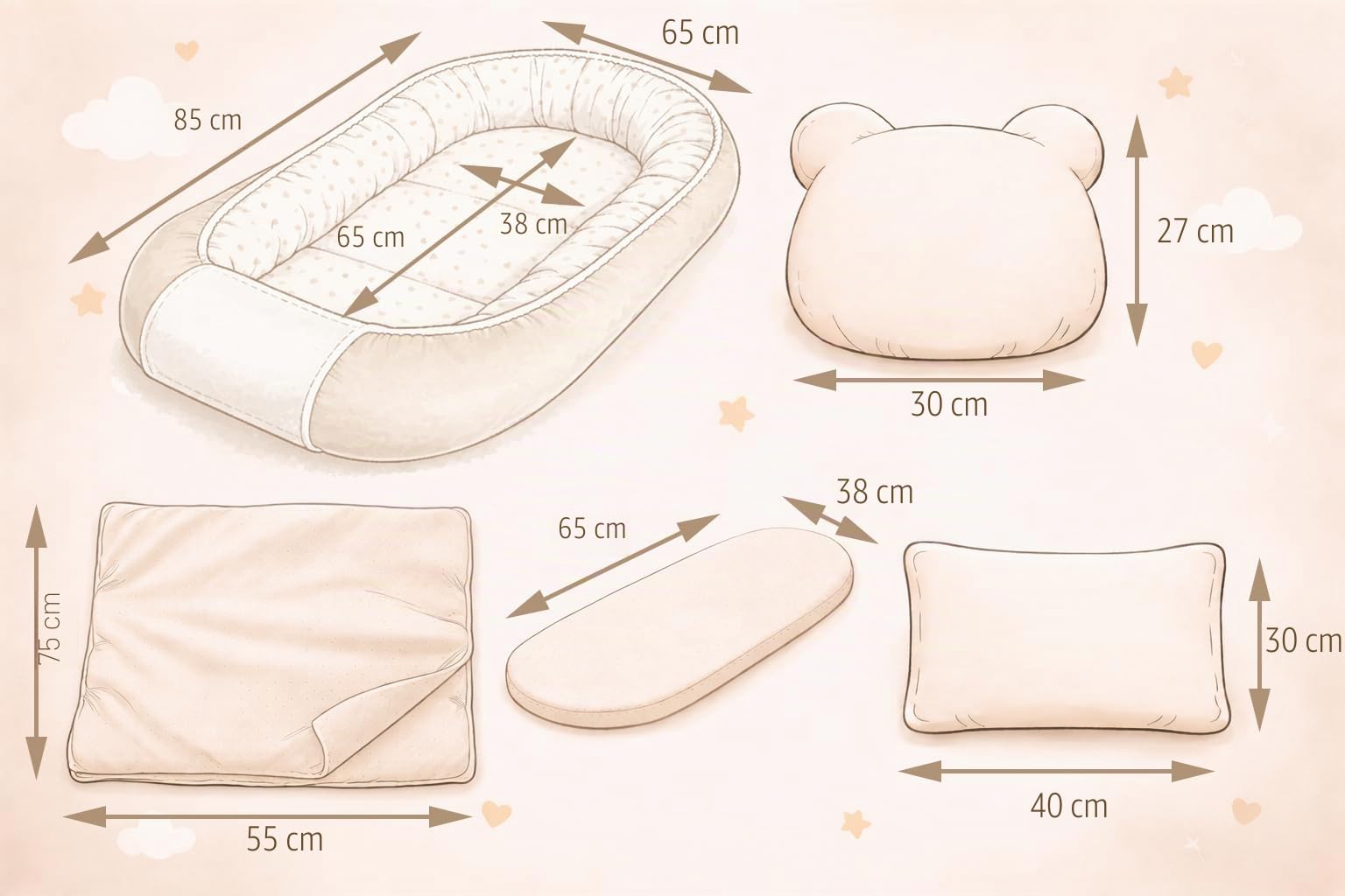 Babynest Nestchen Baby Set für Neugeborene – 5-teilig – Kuschelnest aus 100% Baumwolle & Waffelpique – Babykokon tragbar – für Babybett, Kinderbett & Kinderwagen – OEKO-TEX - Zweige und Braun