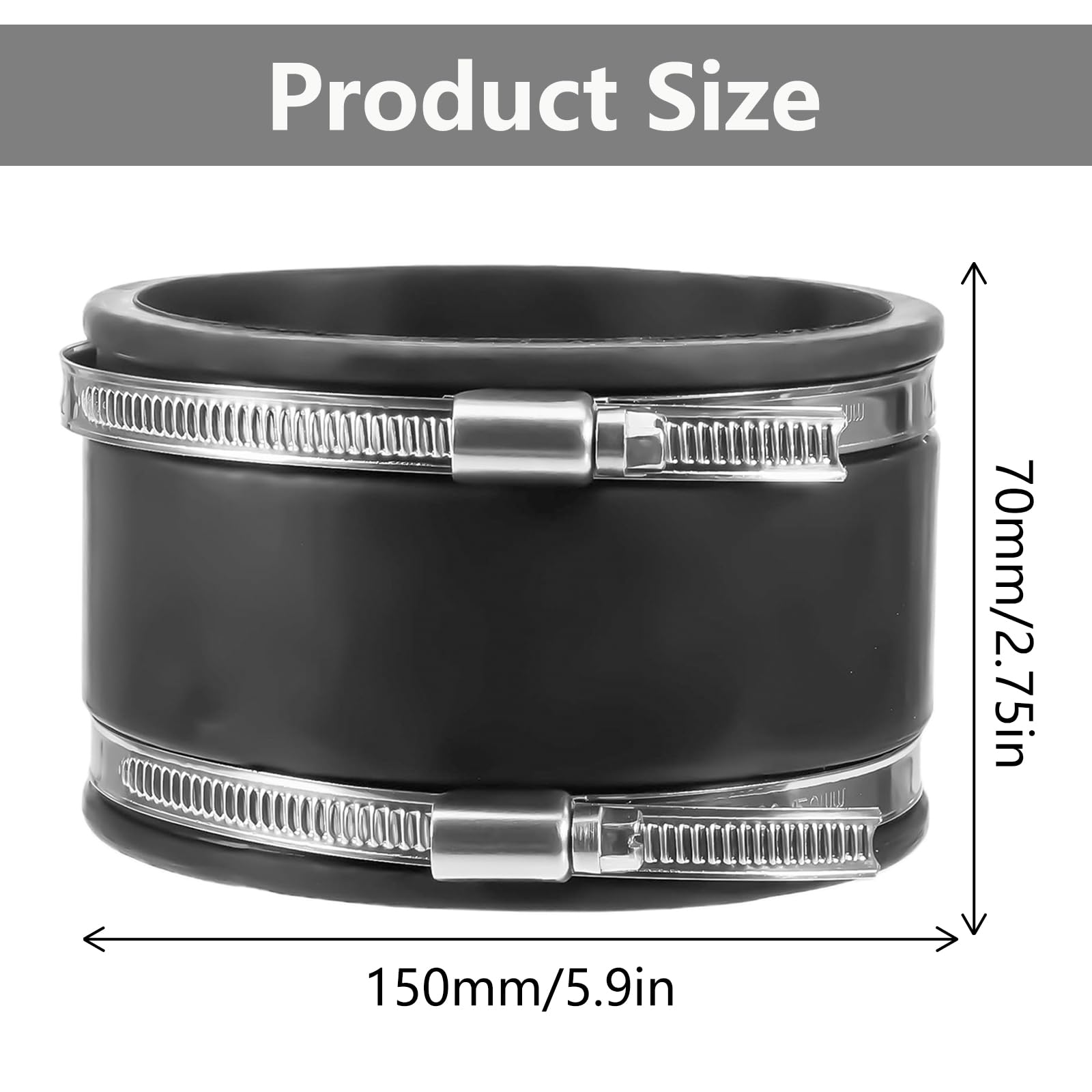 Wąż gumowy 150 mm, elastyczny wąż gumowy z zaciskami ze stali nierdzewnej, złącze rurowe Ø 150 mm do wentylatora, systemu wentylacji, rury wentylacyjnej, kanału