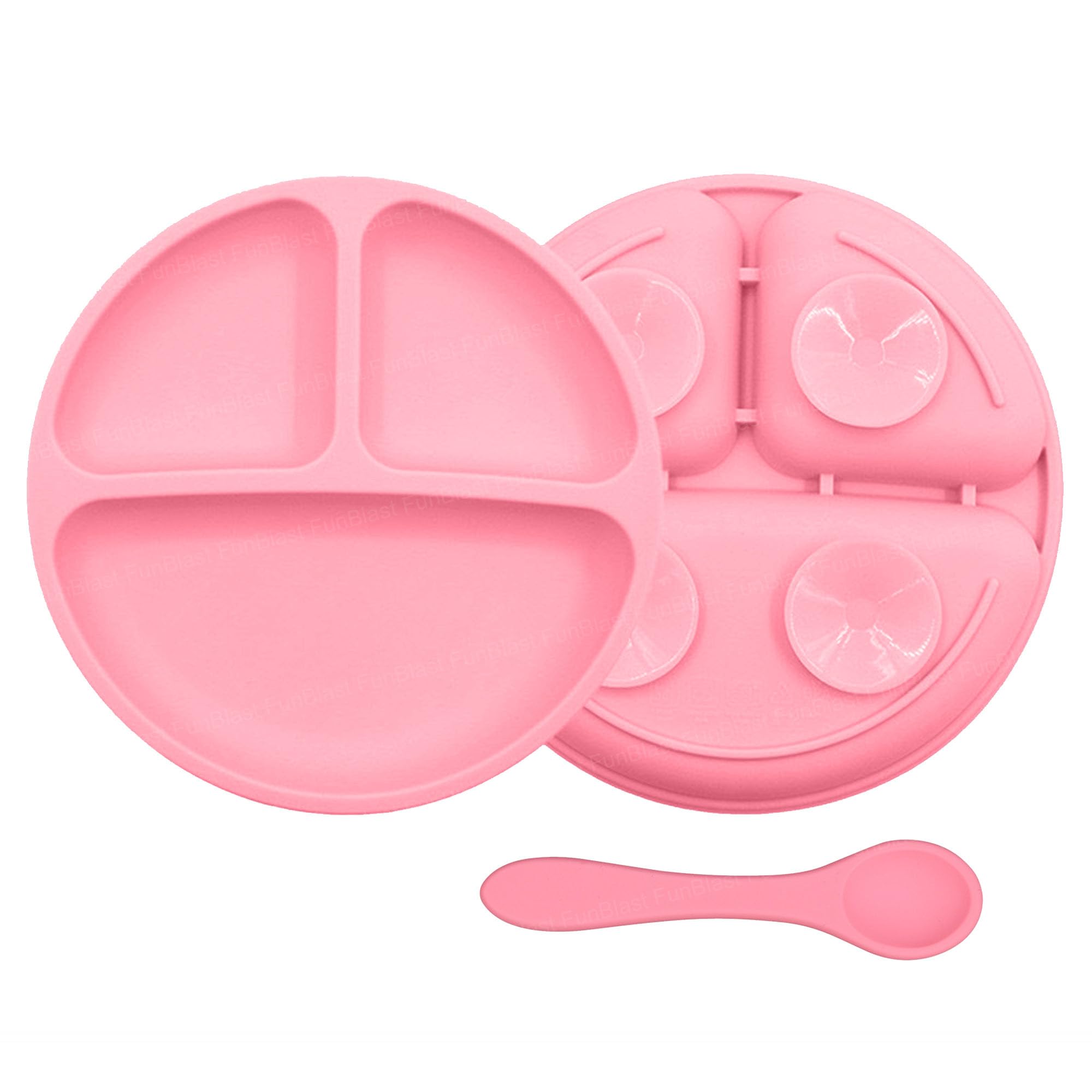 FunBlast Silicone Suction Plate with Compartments & Spoon – BPA-Free Baby Feeding Set, Strong Suction, Non-Slip Toddler Plate for Self-Feeding, Microwave & Dishwasher Safe (Pink)-image-34