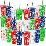 Jingmore 32 Pcs Christmas Plastic Cups Bulk 24 oz Reusable Plastic Drinking Tumbler with Lids and Straws Kids Christmas Party Cups for Xmas Gift Holiday Party Supplies