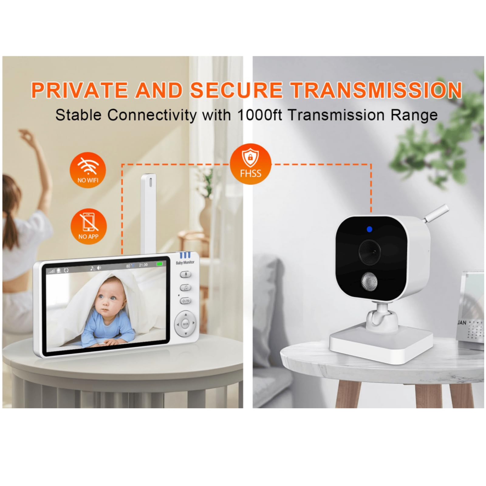 Babyphone avec écran de 5 Pouces et caméra, Audio bidirectionnel sans Fil, Vision Nocturne, Batterie Longue autonomie, Transmission sécurisée, Utilisation à la Maison et en Voiture