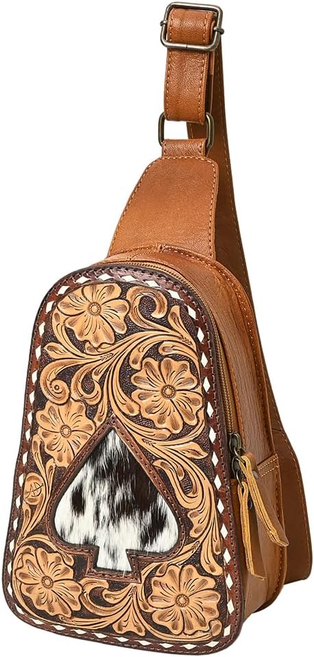 American Darling Western Sling Bag – Hand-Tooled Floral Carved Floral Design, Genuine Leather, Adjustable Strap, Eco-Friendly Crafted