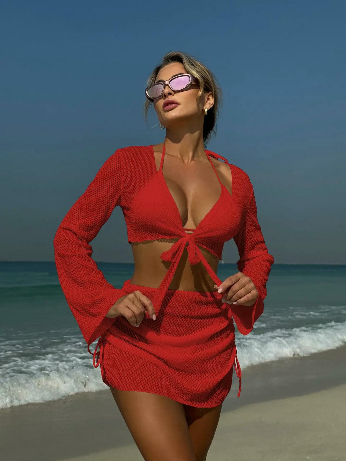 Costume Set di Bikini Rosso all'Uncinetto alla Moda - da Bagno Donna A 4 Pezzi Halter Triangolo con Top Manica Campana E Mini Gonna-Red-s