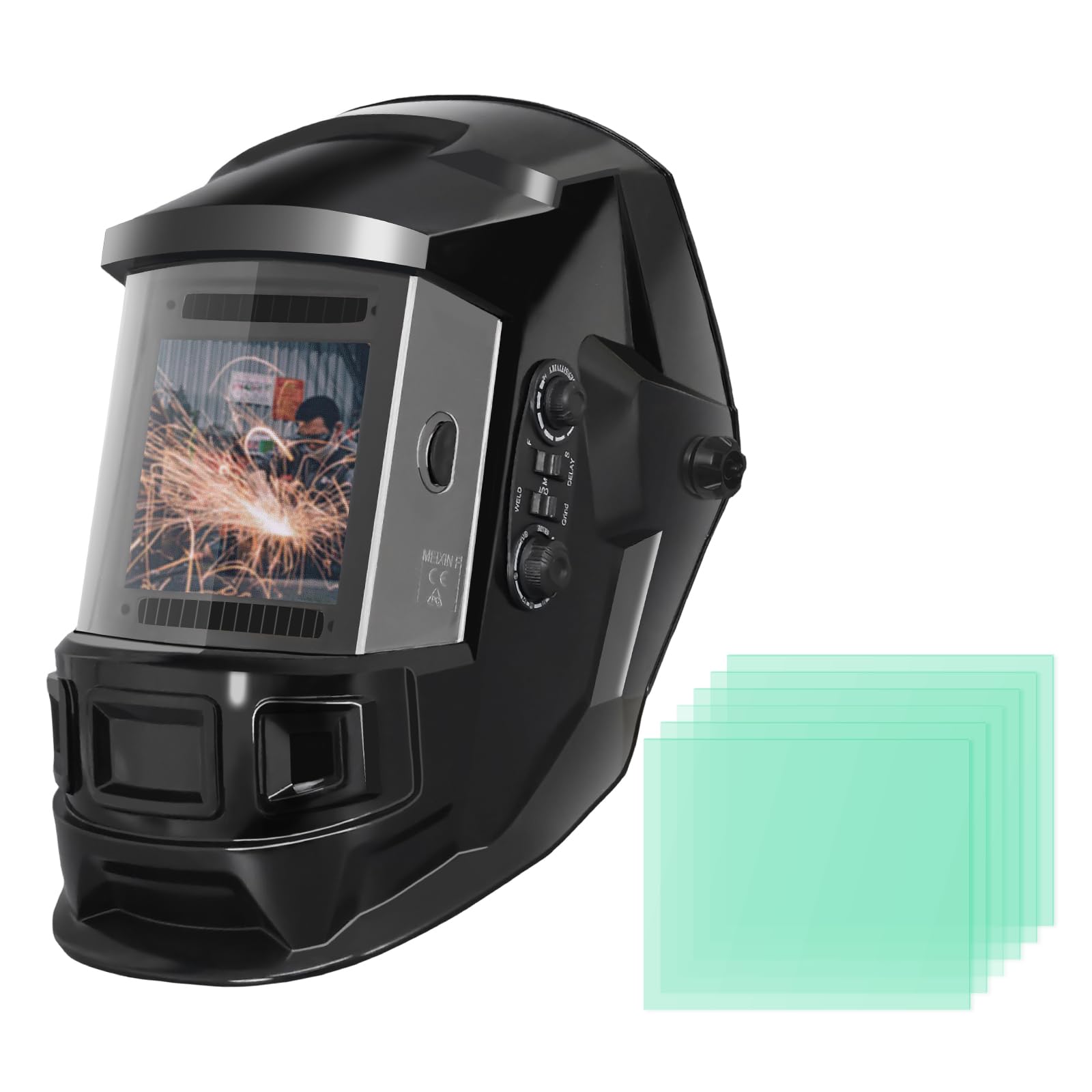 Schweißhelm mit automatischer Verdunkelung, 10,2 x 10,2 cm, optischer Grad 1/1/1/2-True Farbe, Solar- und Batterieleistung, 4 Sensor, 0,1 ms Reaktionszeit, breiter Schatten, DIN5 ~ 9/9 ~ 13 für SMAW