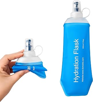 500ML Lightweight & Leakproof Soft Flask, Collapsible Water Bottle for Running Vest Belt, TPU Foldable Running Hydration Flask, BPA-Free Soft Water Bottle for Cycling, Marathon, Hiking.Blue