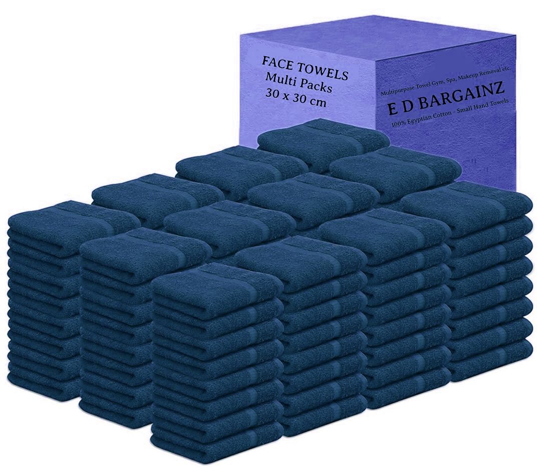 Face Cloth Pack of 6, 12, 24, 36, 48, 96 Soft Flannels Set100% Egyptian Cotton Face Towels Quick Dry Washcloths 30x30cm Gym, Golf, Spa Small Hand Towels 500-GSM (Navy Blue, 96)