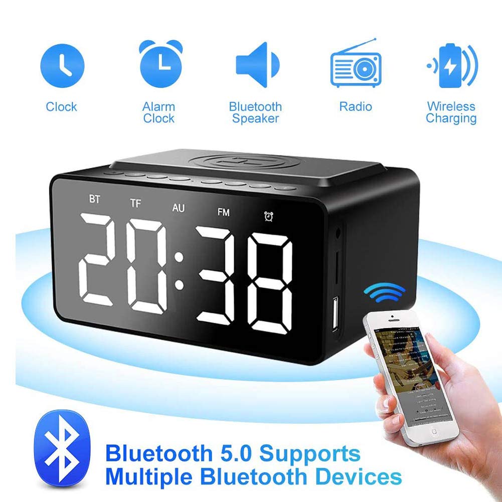 ERNZI Sveglia Altoparlante Bluetooth da comodino Radio FM Non ticchettante con caricatore USB e ricarica wireless QI, Display a led dimmerabile digitale a 3 livelli