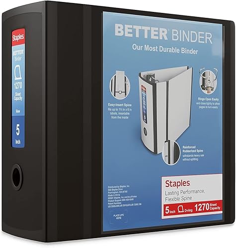 Staples Better Binder - Vista resistente, color negro, capacidad de 1000 hojas, 5 pulgadas (diámetro del anillo)