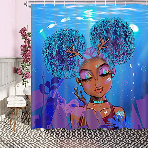 Ikfashoni Black Girl Shower Curtain African American Bathroom Curtain With 12 Hooks, Blue Ocean Bathroom Shower Curtains, Waterproof Fabric Shower Curtain For Bathroom, 69" X 70"… #TOP1