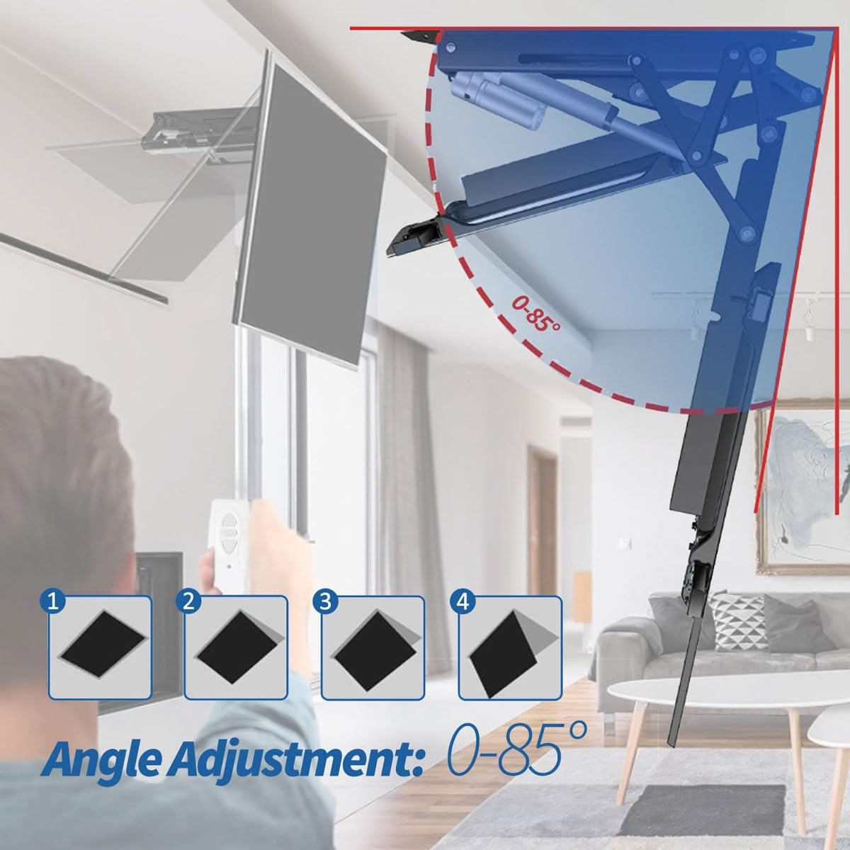 Soporte motorizado de techo para TV con control remoto doble, diseño abatible ajustable para techos planos e inclinados