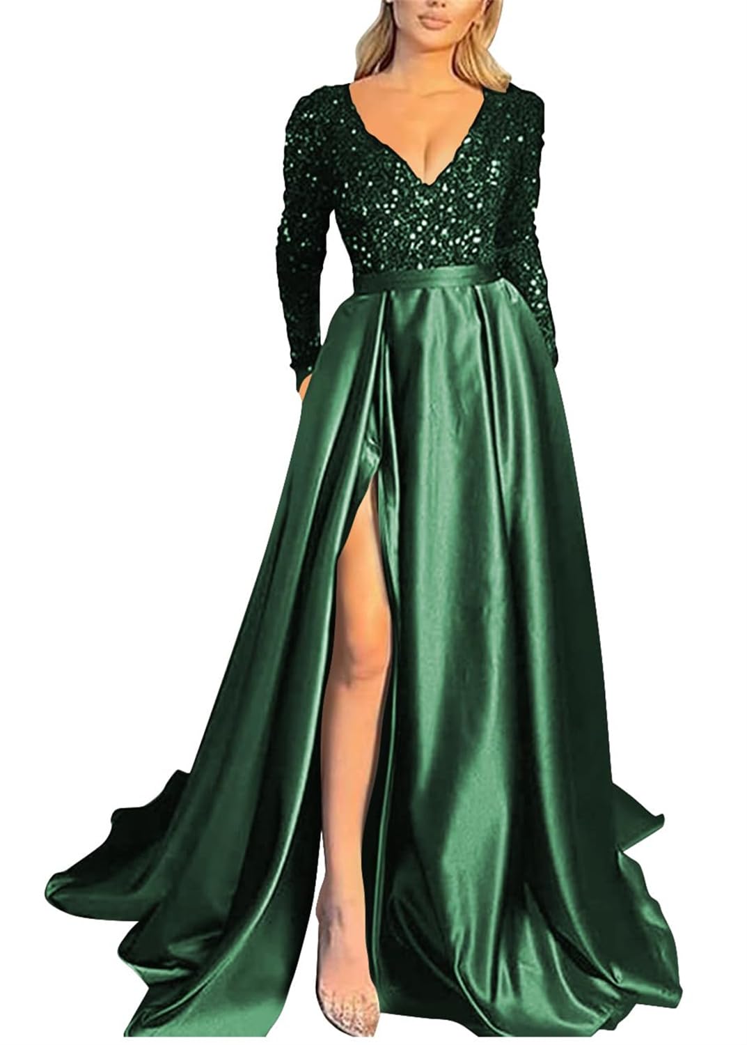 KURFACE Sparkly Sequin Long Sleeve Prom Dresses for Teens 2024 A Line Ball Gown with Slit Emerald Green Formal Party Dress UK20