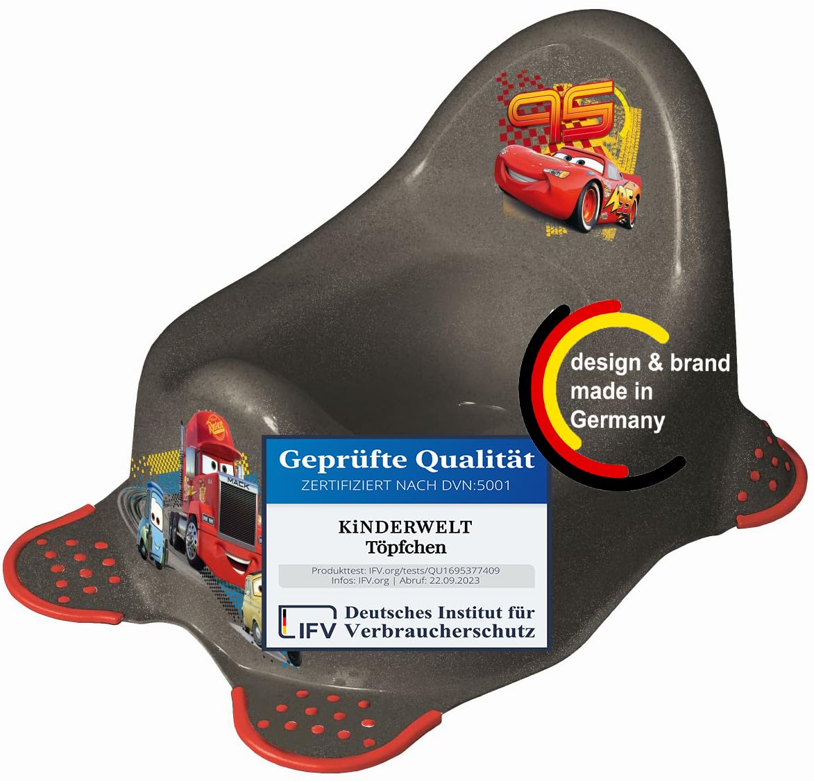 KiNDERWELT Pot de qualité supérieure pour enfants et bébés, design Disney Cars en gris, pour les tout-petits à partir de 18 mois, dossier haut, antidérapant et sans BPA
