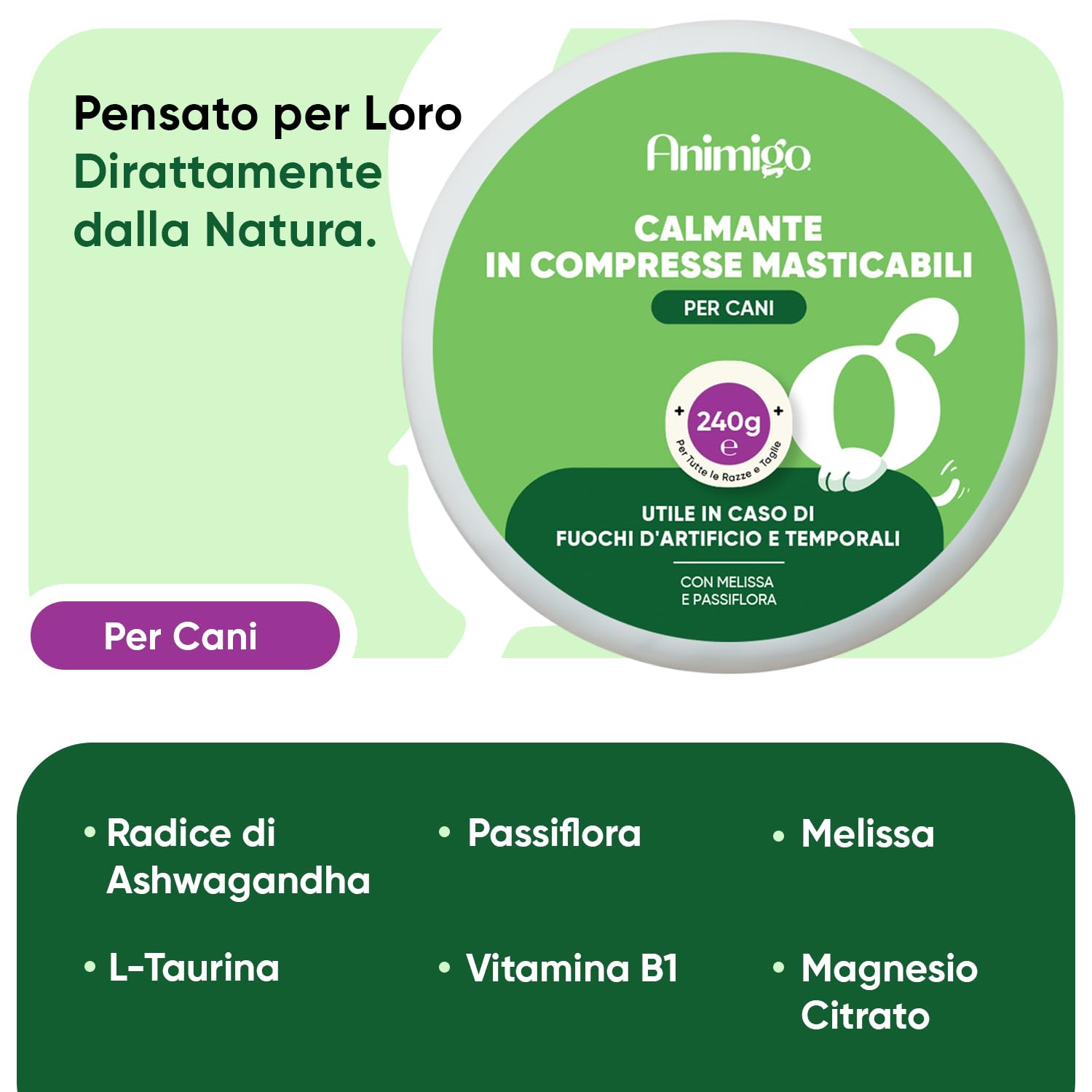 Calmante per Cani 120 Compresse Masticabili, per Fuochi d'Artificio, Temporale, Antistress Cane Agitato con Passiflora, Melissa, Ashwagandha, L-Taurina, Vitamina B1, Magnesio Citrato, Prodotto in UE