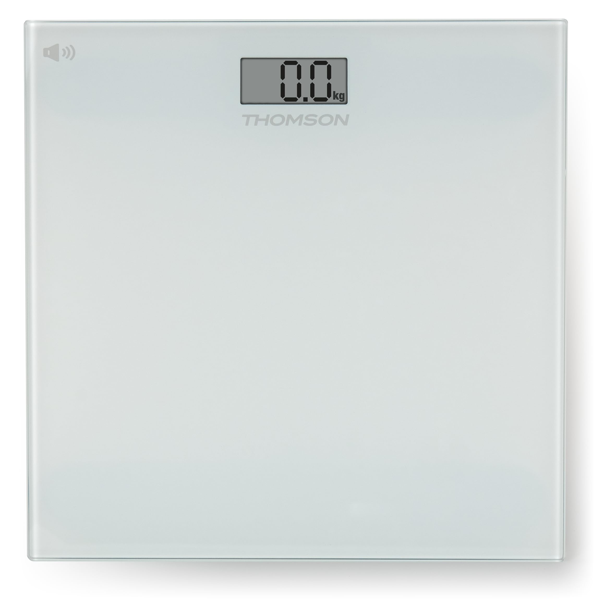 THOMSON Talk MASS 4 - Pèse-Personne avec Fonction Vocale Français, Allemand, Espagnol - Grand Écran LCD Rétroéclairé - Volume Réglable - Plateau Verre Trempé - Design Ultra Fin - Max 150 kg - Blanc