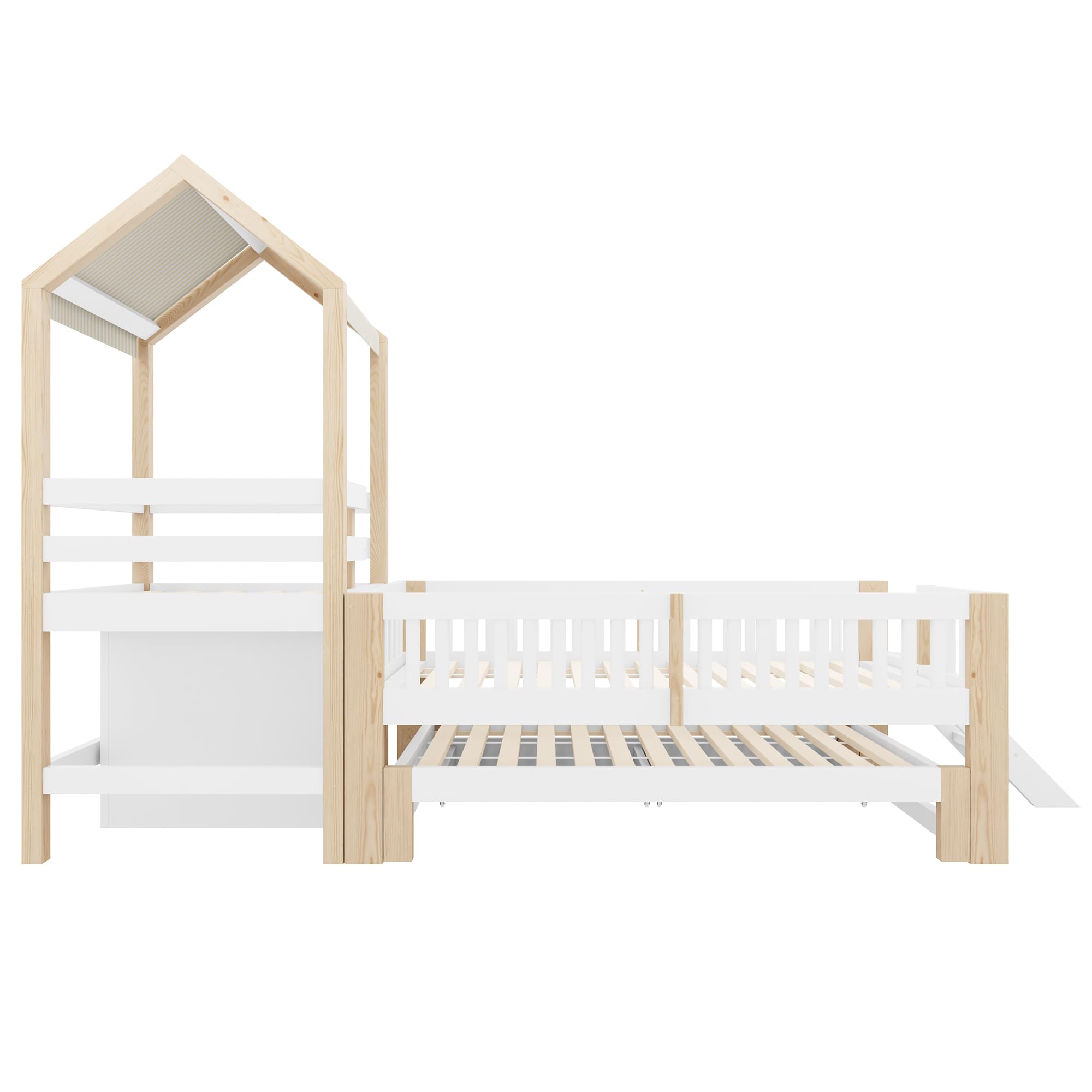 Letto Montessori 90x200 con Letto Estraibile 90x190 cm e 2 Cassetti (Bianco+Naturale-1)