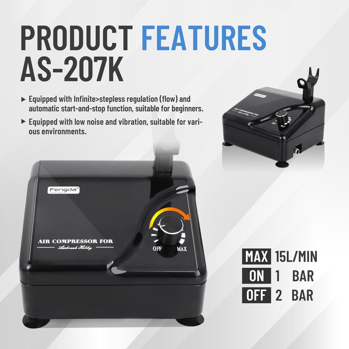 Fengda Profi Airbrush Set mit Intelligentem Kompressor FD-207K, 0,2 mm Düse, Ölfreier Minikompressor, Luftschlauch, für Tätowierungen, Modelle, Kuchendekoration, Automobilgrafiken