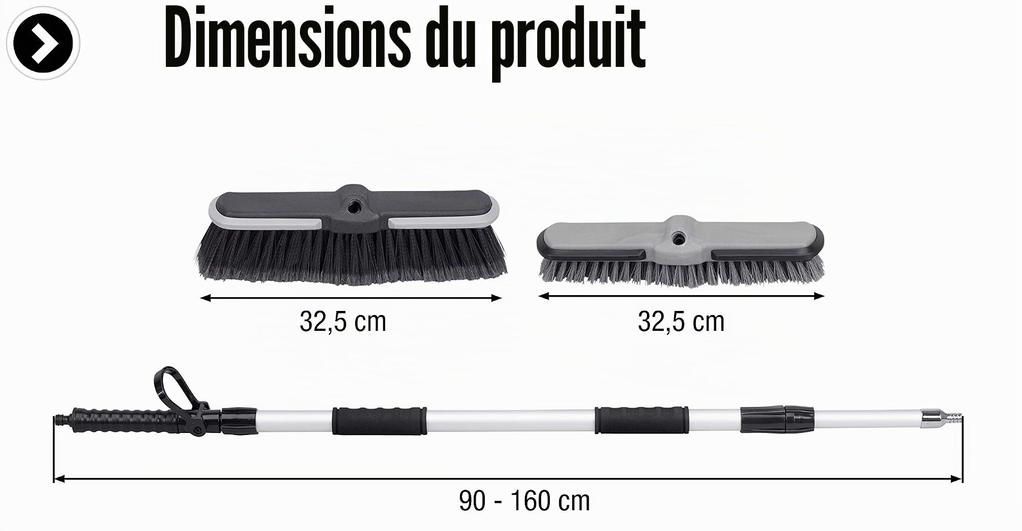 Balai de Lavage - Poignée télescopique jusqu'à 160 cm - Pression de Fonctionnement 6 Bar - Convient pour système d'emboîtement de 12,7 mm (1/2") - Balai à Eau/Brosse de Lavage/Brosse de