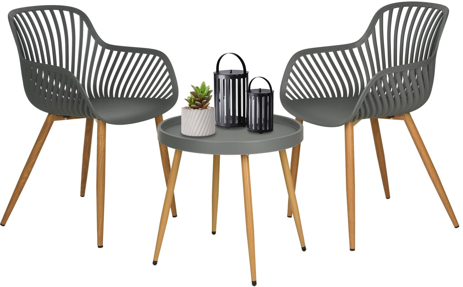 idooka 3-Piece Garden Bistro Set – Sleek Recycled Grey Chairs & Table with Steel Wood-Look Legs, UV Protected for Outdoor Use – Ideal for Patios, Balconies & Small Gardens