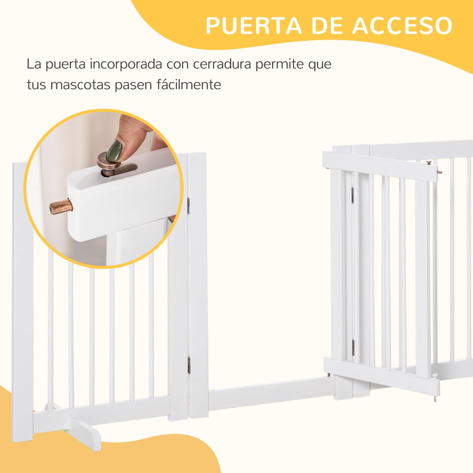 PawHut Barrera de Seguridad Perros de Madera Plegable 204x36x75 cm Blanco | para Escaleras y Puertas, Valla para Perros Pequeños y Medianos, 4 Paneles, con Soporte de Pie, para Interiores
