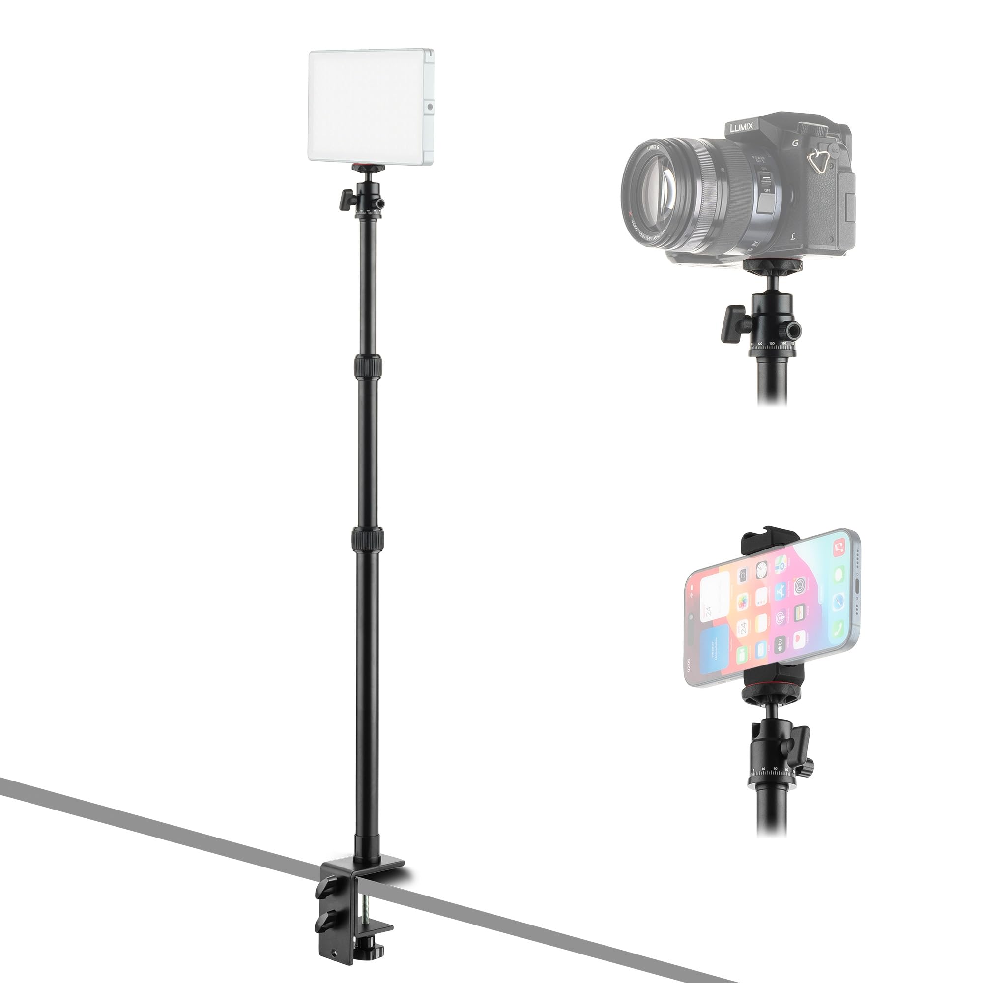 MOJOGEAR Ausziehbares Stativ mit Tischklemme – Höhenverstellbar 42-100 cm, inkl. Kugelkopf & Handyhalterung für Kamera, Licht & Mikrofon, Tischhalterung für Streaming, Video & Fotografie