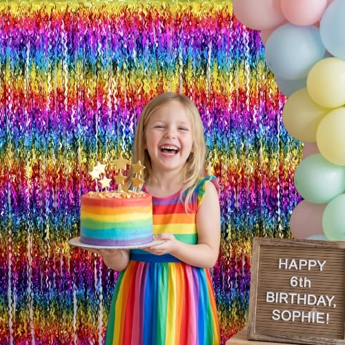 Image of TONIFUL 2Pcs Wavy Rainbow Metallic Tinsel Foil Fringe Curtain Streamer
