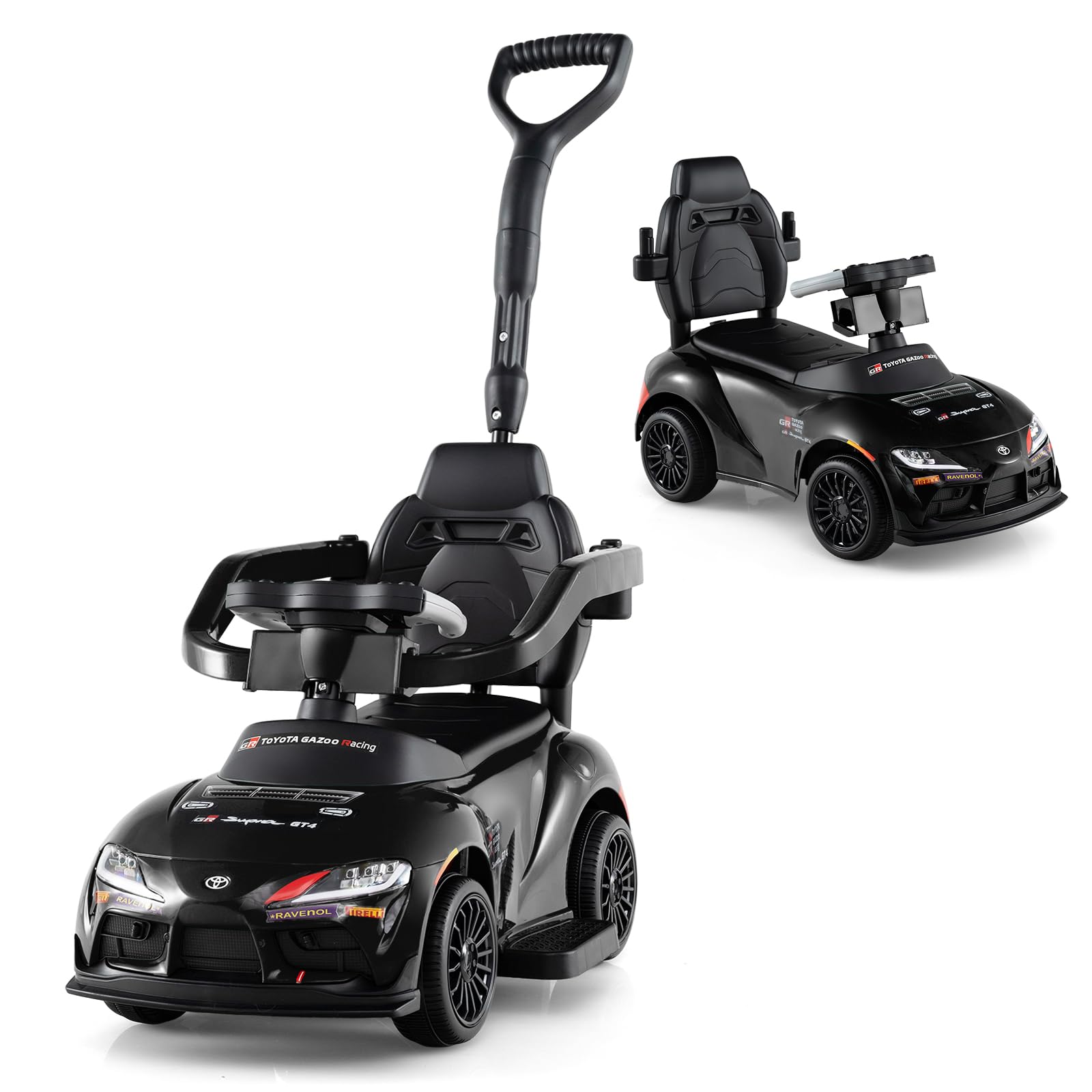 GYMAX 3 in 1 Ride on Push Car, Kids Push Along Car with Handle, Music, Guardrails and Storage Compartment, Toddler Sliding Toy for 1.5-5 Years Old (Black)