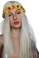 Vista 7 de Allaura Disfraz de diadema con flores, peluca hippie para mujer, disfraz de los años 1970 + diadema de flores extraíble, peluca larga, rubia