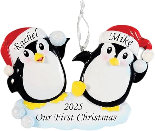 Adorno personalizado 2023 con diseño de pingüinos de bolas de nieve, árbol de Navidad, decoración artesanal personalizada, adorno de boda,