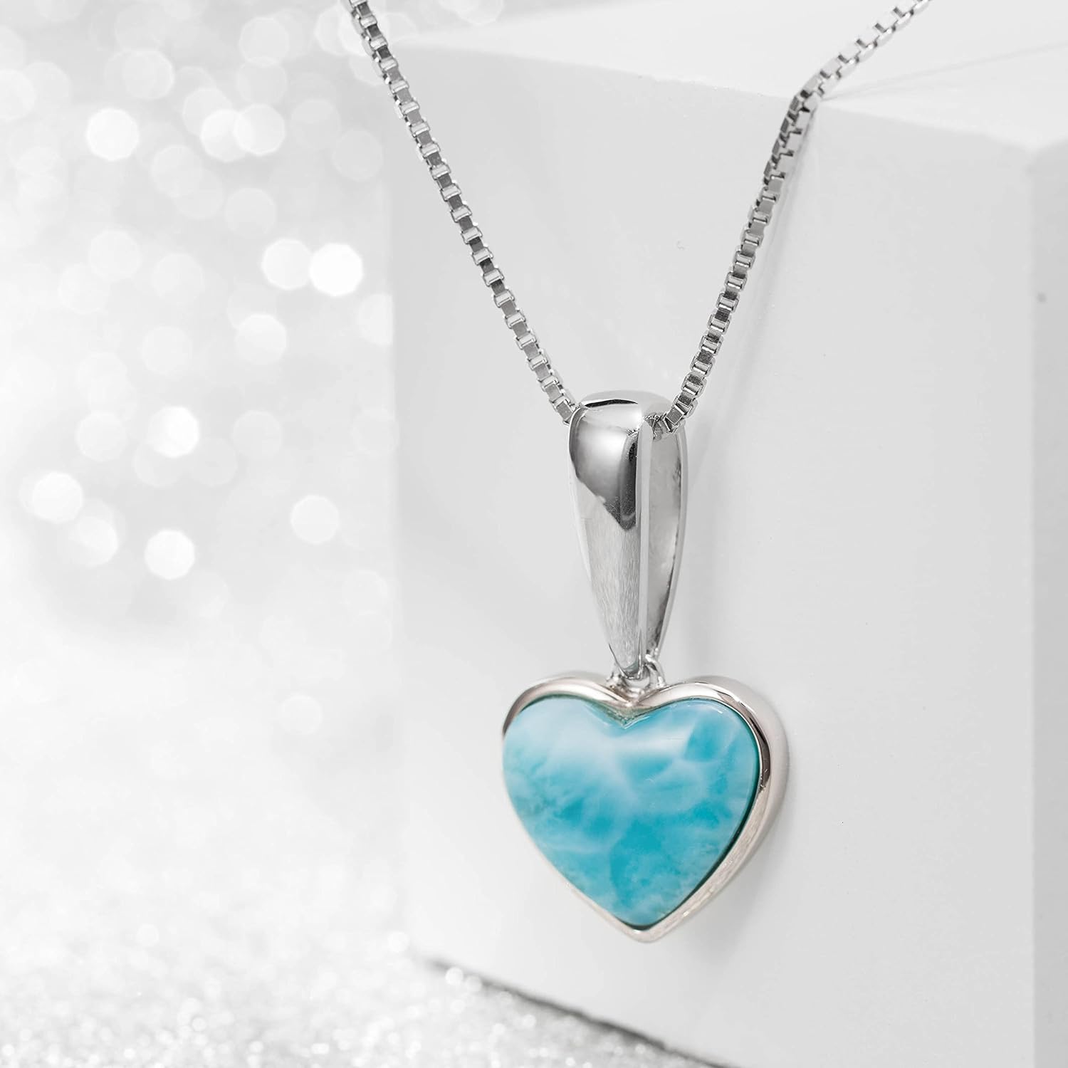 925 Sterling Silver Natural Larimar Heart Pendant Necklace Pendant with 18" Box Chain AAA Cubic Zirconia, Nickle Free Hypoallergenic for Sensitive Skin, Gift Box Included