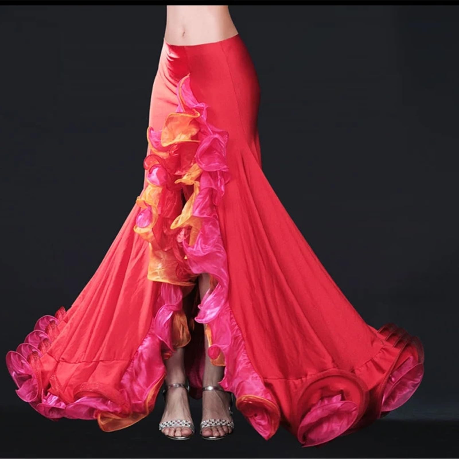 Falda de danza del vientre con hendidura falda profesional para niñas, ropa de danza del vientre para mujeres mayores (rojo)