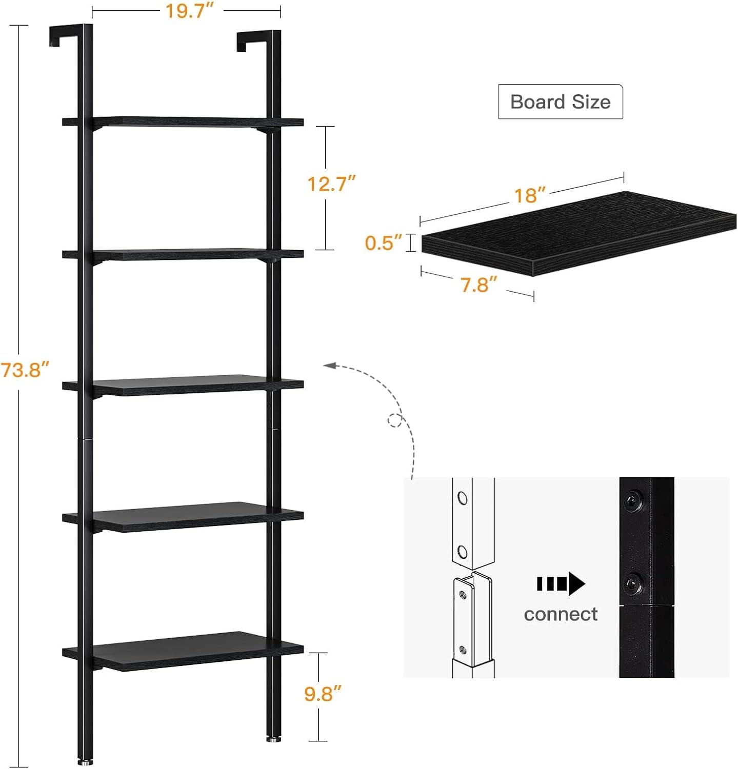 ODK 5-Tier Ladder Shelf, 74 Inches Wall Mounted Ladder Bookshelf with Metal Frame, Open Industrial Shelves for Home Office, Bedroom and Living Room, Black 8"D x 20"W x 74"H Black
