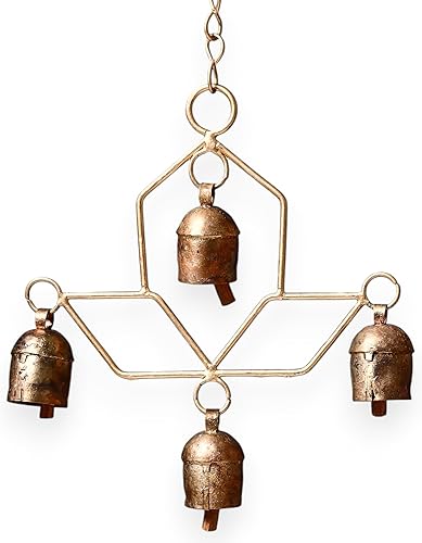 Miniatura 15 de Campanas de viento rústicas hechas a mano con 5 campanas de metal recubiertas de latón (30 pulgadas), campana colgante bohemia para patio al aire 5