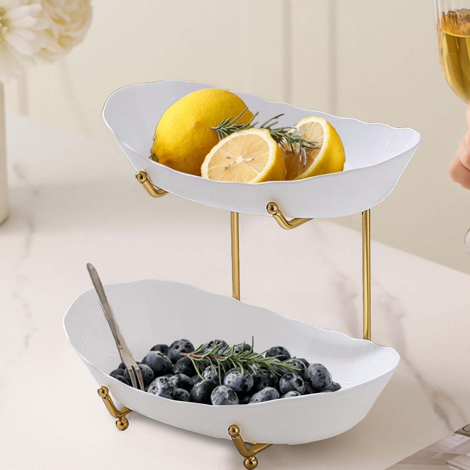 2-poziomowy zestaw misek do serwowania żywności, nietłukące się talerze na blat kuchenny, elegancki biały design na warzywa, ciasta, desery - idealne do rozrywki