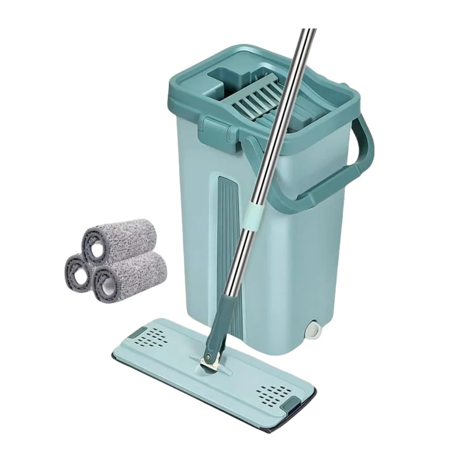 Trapeador Plano con Cubo, escurridor Manos Libres, Almohadillas de Microfibra for Limpieza de Pisos, Uso en seco o húmedo sobre Laminado de Madera Dura(Mop Set)