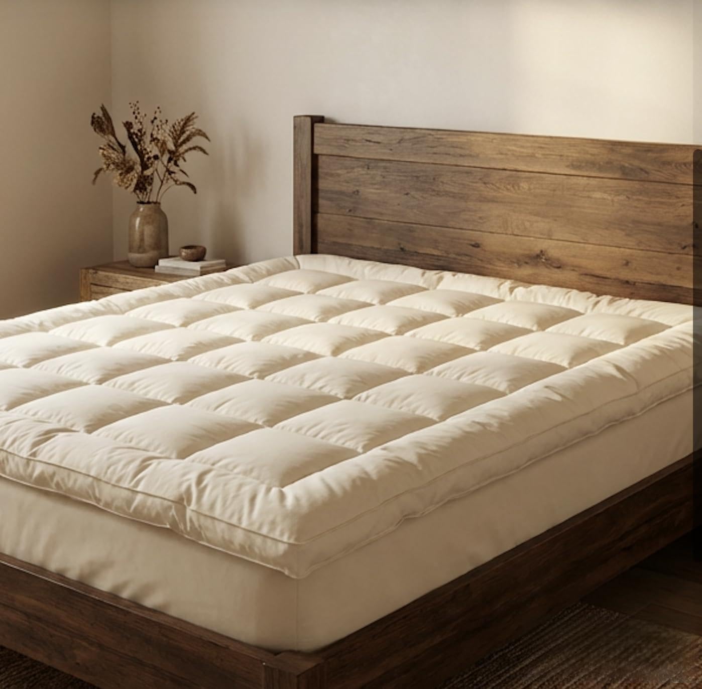 Purevana 100% Merino Wool Mattress Topper for Back Pain Relief Natural Handmade Merino Wool Pad 2 Inches Thick Cooling Breathable with 2 Elastic