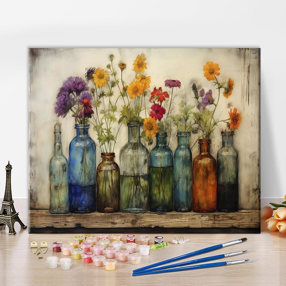 TUMOVO Abstract Paint by Numbers for Adults Flowers Bottles Vintage DIY Adult Paint by Number Kits on Canvas Rustic Sign Watercolour Draw Painting by