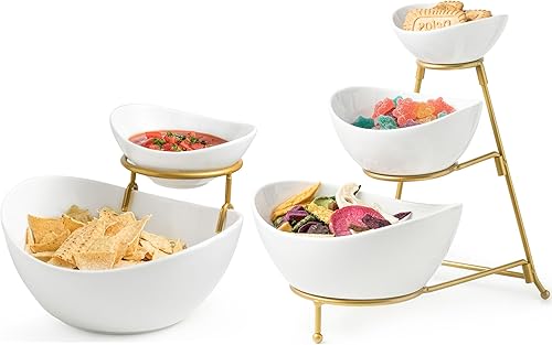 Miniatura 1 de Juego de cuencos de porcelana para servir aperitivos con 2 compartimentos, estante de tacos para patatas fritas y inmersiones, juego de servir barra